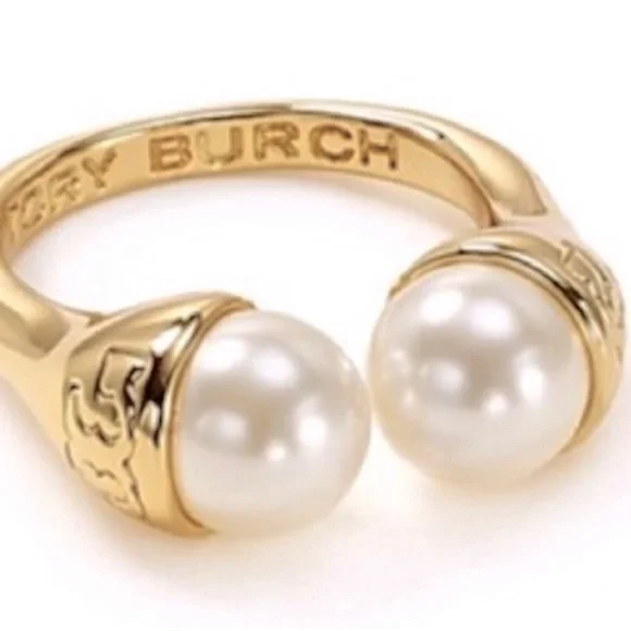 🆕 Tory Burch Authentic Gold Pearl Bud Logo Ring Size 7 - Picture 2 of 16